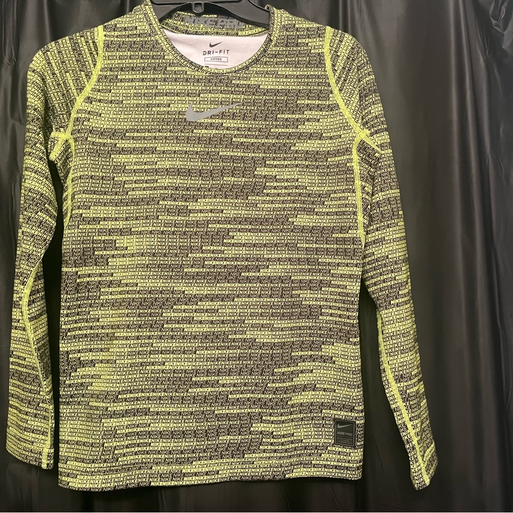 Nike Black and Neon Yellow Allover Logo Long Sleeve Top